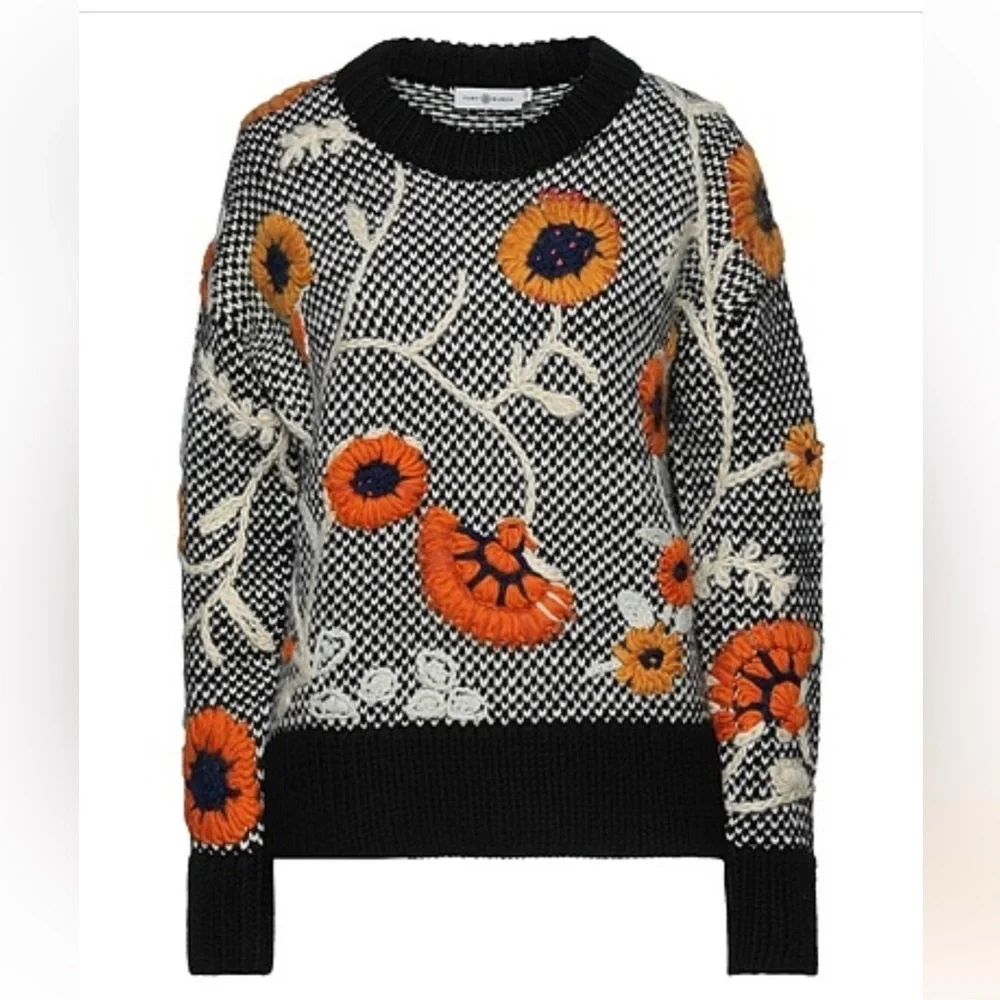 Tory Burch 100% Wool Made in Peru Black and Orange Floral Sweater S Small